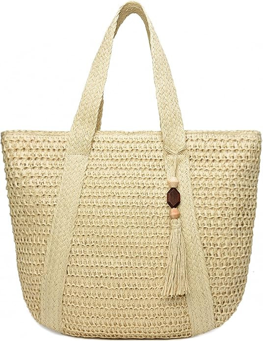 Straw Beach Bags for Women Summer Tote Bag Boho Shoulder Purse | Woven Straw Vacation Purse for W... | Amazon (US)