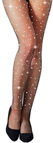 MengPa Women's Fishnets Sparkly Tights High Waist Rhinestone Stockings Party Thigh High Pantyhose (Small Hole-Black) US2466A | Amazon (US)