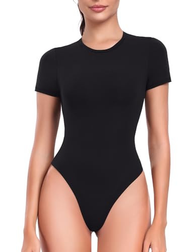 HeyNuts Women's Ultra Soft Short Sleeve Crew Neck T-Shirts Bodysuit, High Cut Thong Double Lined Sexy Tummy Control Tank Tops Bodysuit Leotard Clothing Black M(8/10) | Amazon (US)