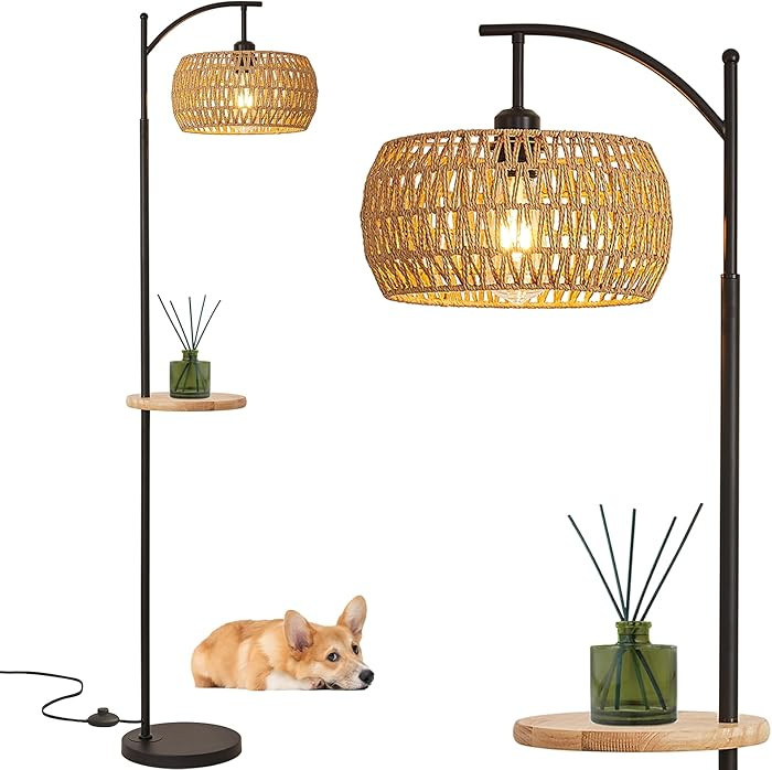 Feohak Boho Floor Lamp, Rattan Floor Lamp with Shelf, Bohemian Bamboo Wicker Coastal Rustic Farmh... | Amazon (US)