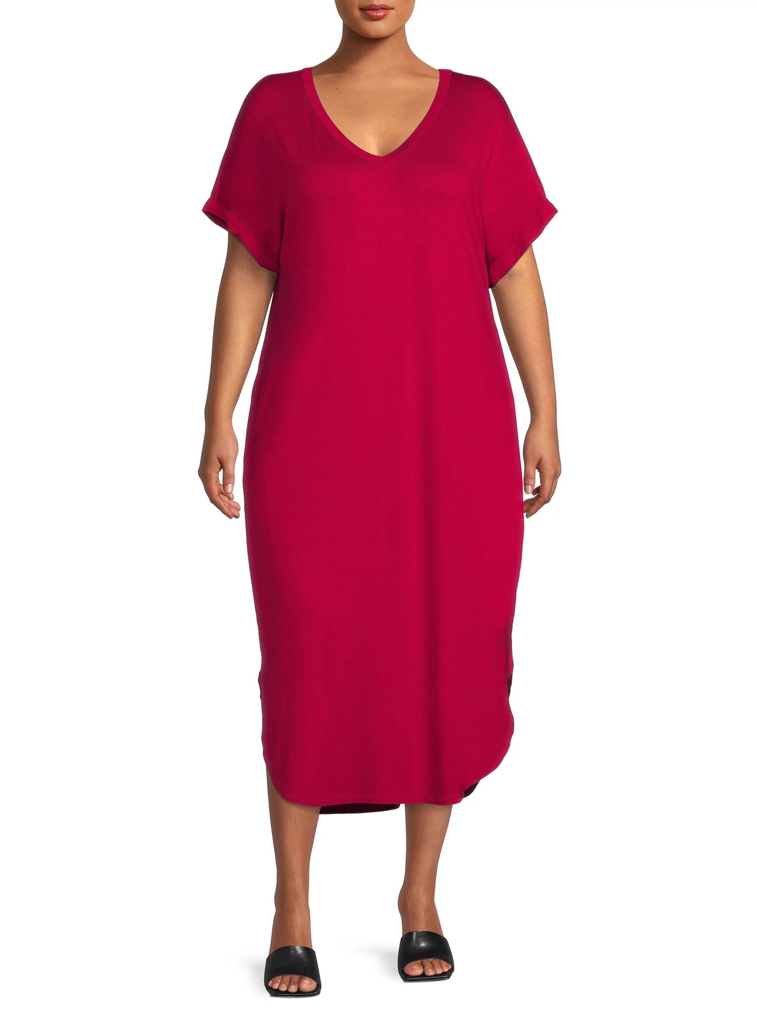 Terra & Sky Women's Plus Size V-Neck T-Shirt Midi Dress | Walmart (US)