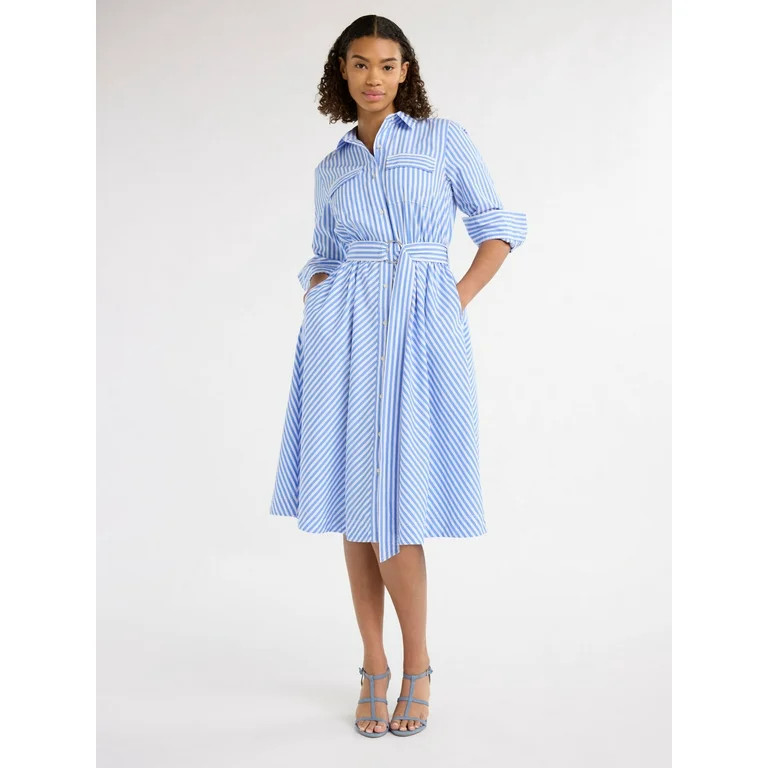 Free Assembly Women's and Women's Plus Belted Midi Shirtdress with Long Sleeves, Sizes XS-4X | Walmart (US)