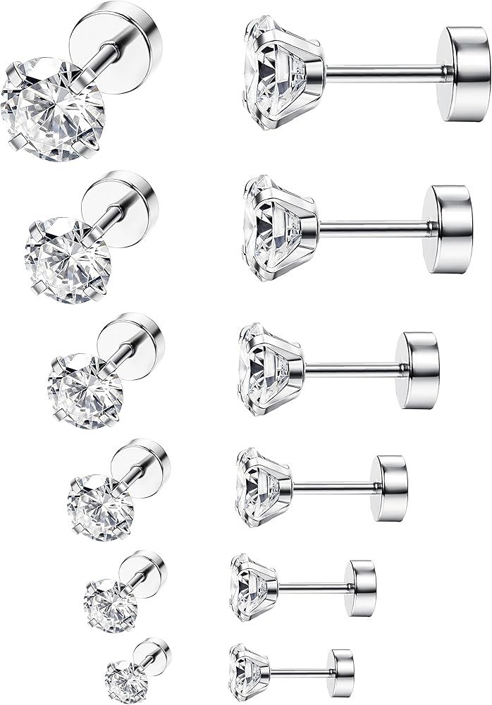 ORAZIO 6-8 Pairs 18G Stainless Steel Ear Stud Piercing Barbell Studs Earrings Round Cubic Zirconia I | Amazon (US)