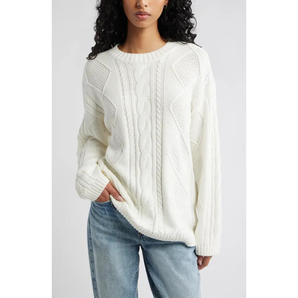BP. Cabled Oversize Cotton Blend Crewneck Sweater in Ivory at Nordstrom Rack, Size Xx-Small | Nordstrom Rack