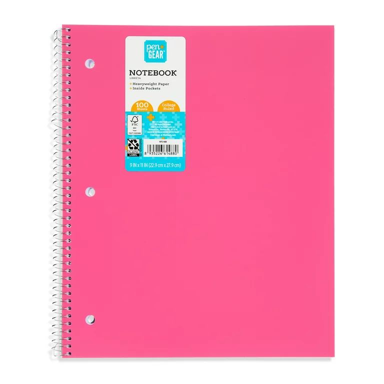 Pen+Gear Poly 1-Subject Notebook, College Ruled, 100 Heavyweight Sheets, Inside Pockets, Pink | Walmart (US)