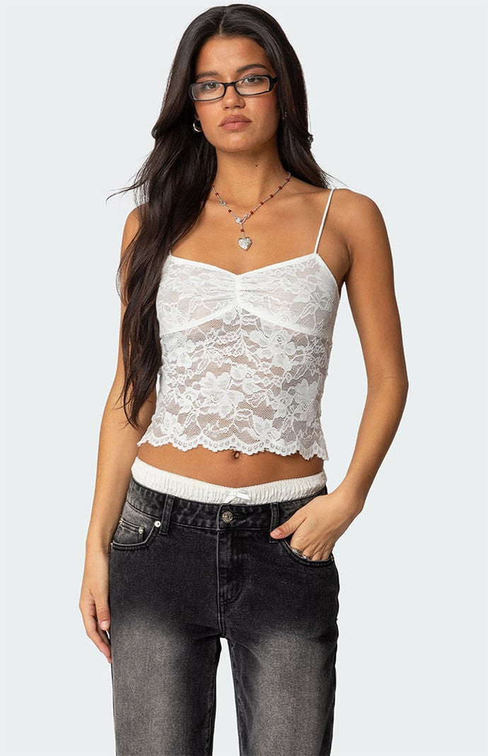 Edikted Women's Rut Sheer Lace Tank Top in White - Size Small | PacSun
