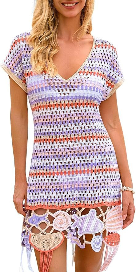 FAIRY SEASON Women's Crochet Beach Cover Up Dress, Boho Tassel Swimsuit Coverup with 3D Ocean Emb... | Amazon (US)