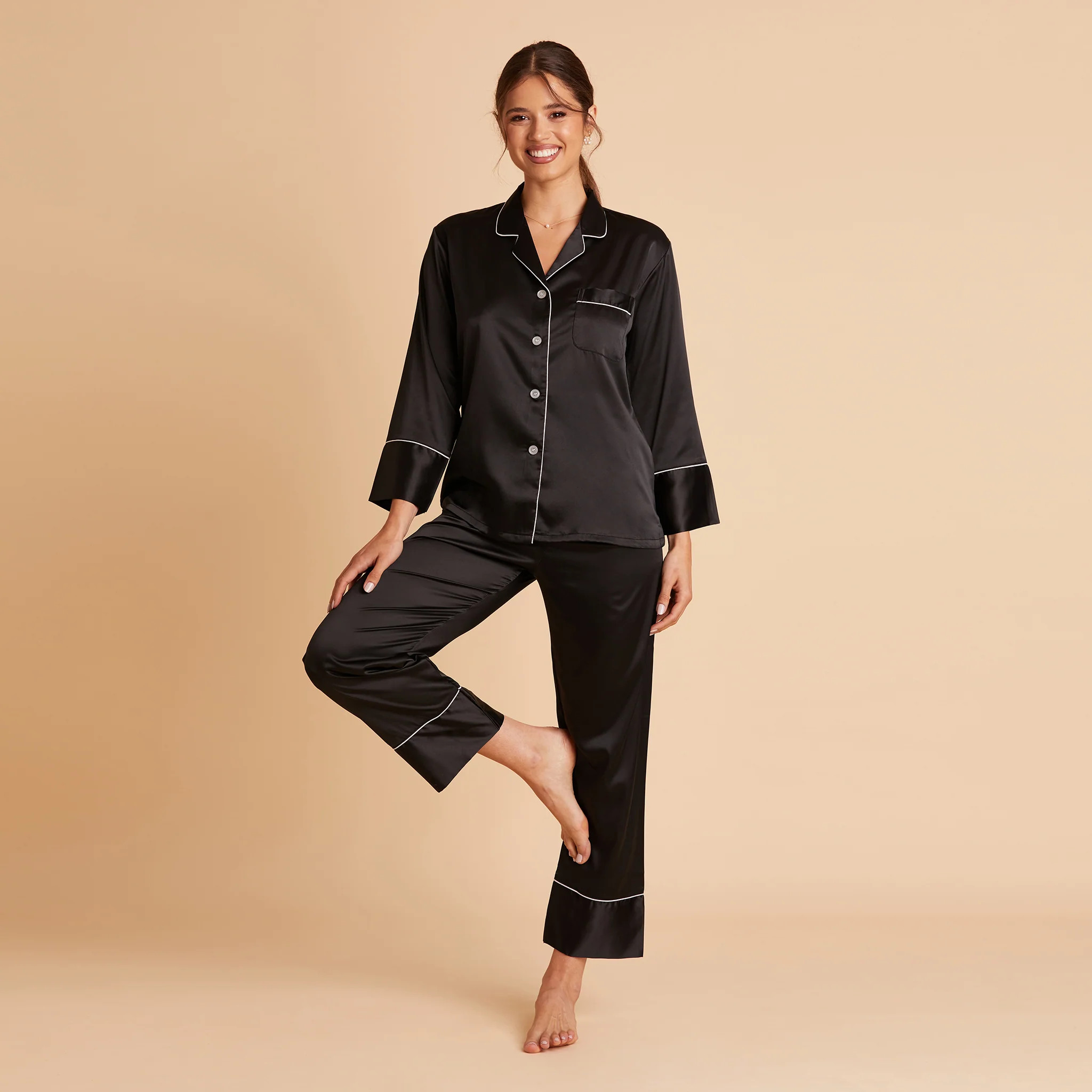 Long Satin PJ Set - Black | Birdy Grey