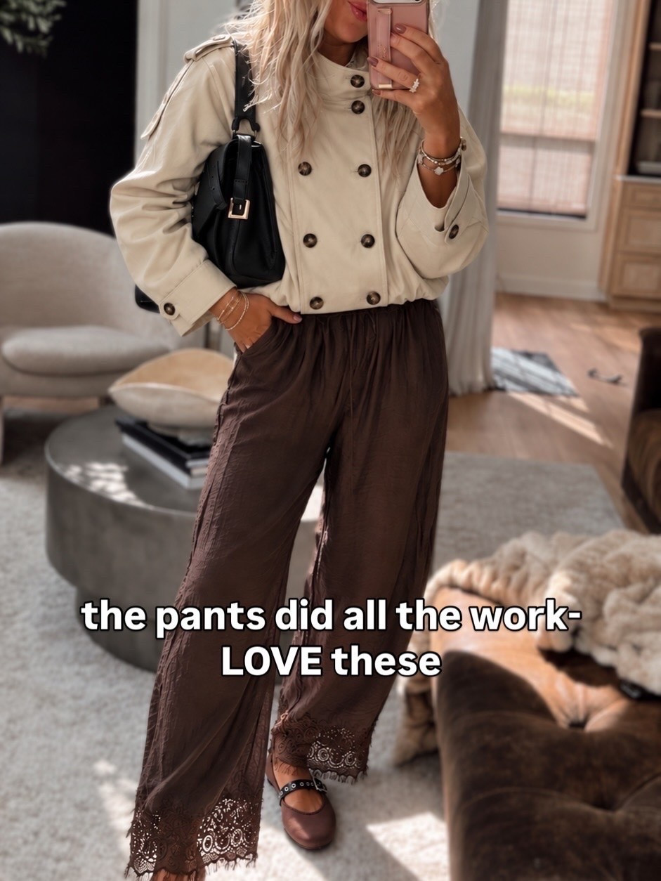 Chocolate brown is having a MOMENT 🤎 These lace-trim pants come in 5+ colors and are the easiest way to make a comfy outfit feel elevated. Paired them with a cropped neutral jacket + studded flats for the cutest fall look 🍂

brown pants, fall outfit, lace pants, ballet flats, fall fashion