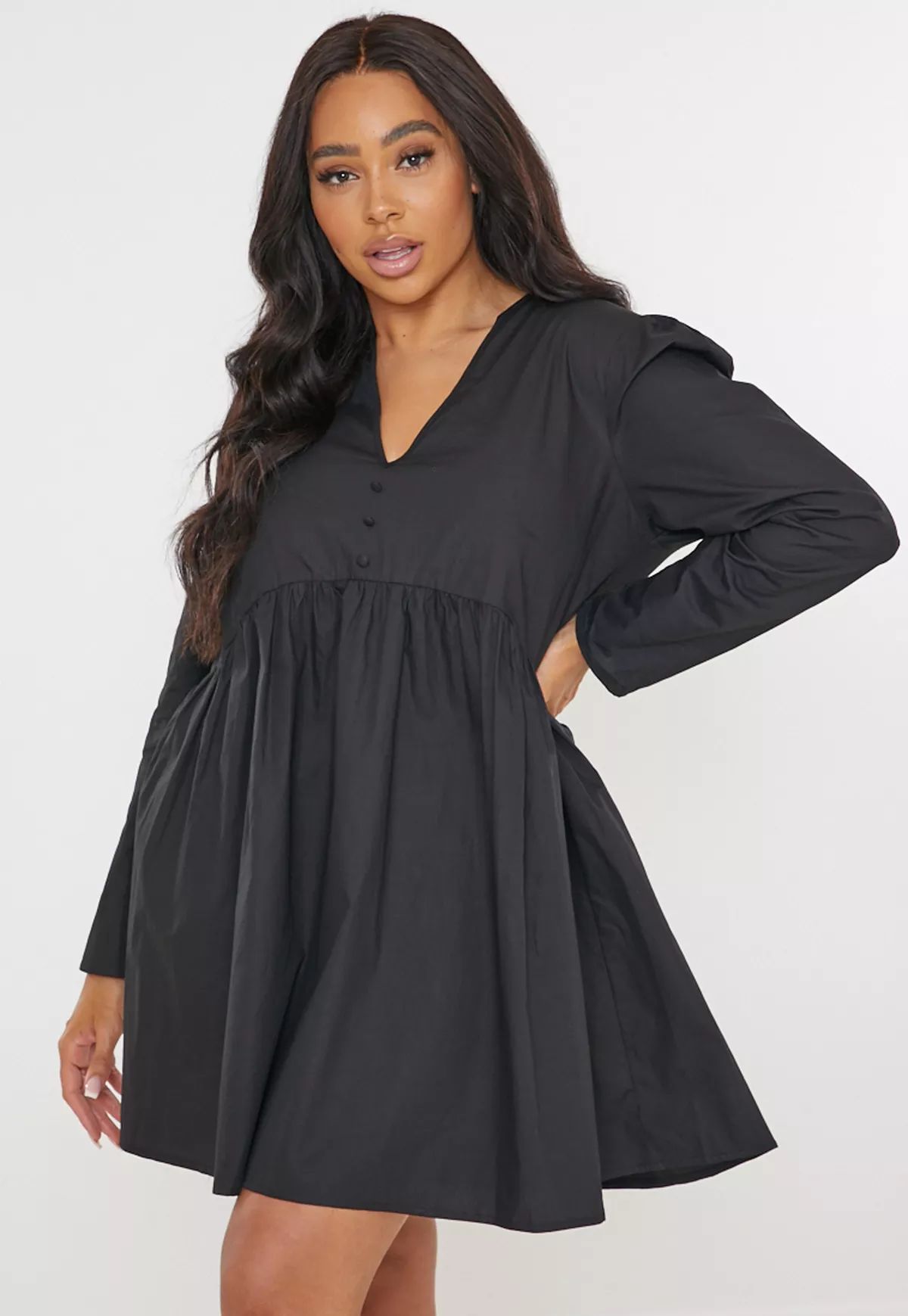 Plus Size Black Poplin V Neck Mini Dress | Missguided (US & CA)