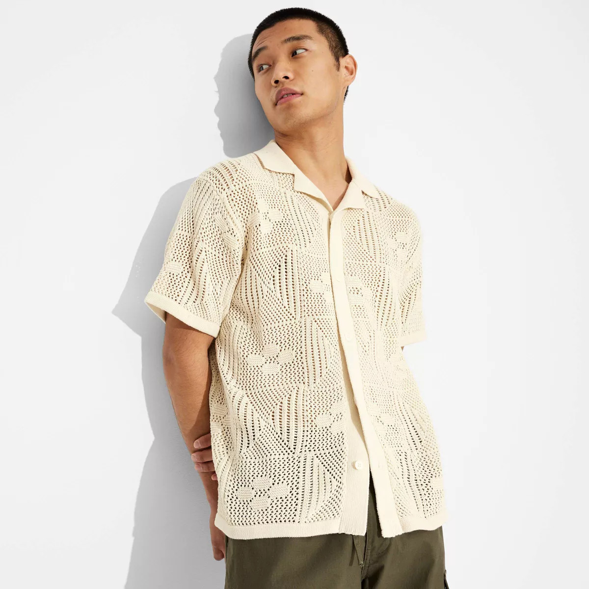 Men's Short Sleeve Knit Button-Down Shirt- Original Use™ Cream M: Casual Polo Collar, Lightweig... | Target