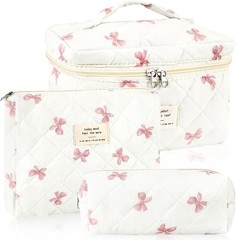 3Pcs Cotton Quilted Makeup Bag for Women Extra Large Coquette Small Floral Travel Cosmetic Bag Se... | Amazon (US)