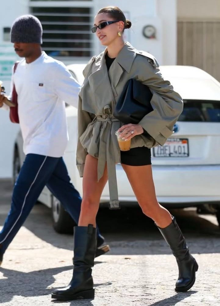 Green wrapped trench coat 
Black mini skirt 
Black boots 

#LTKPetite #LTKSaleAlert #LTKStyleTip