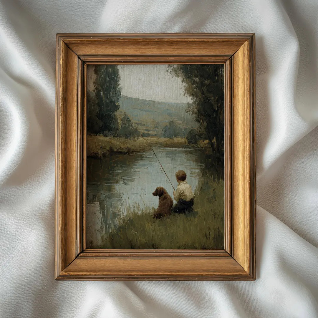 Vintage Boy Fishing Print: Rustic Lakeside Nursery Wall Art with Dog, Digital Download | Etsy (Global)