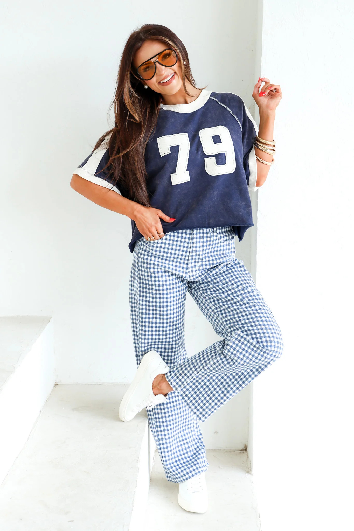 Just Black Navy Gingham Barrel Jean | The Willow Tree