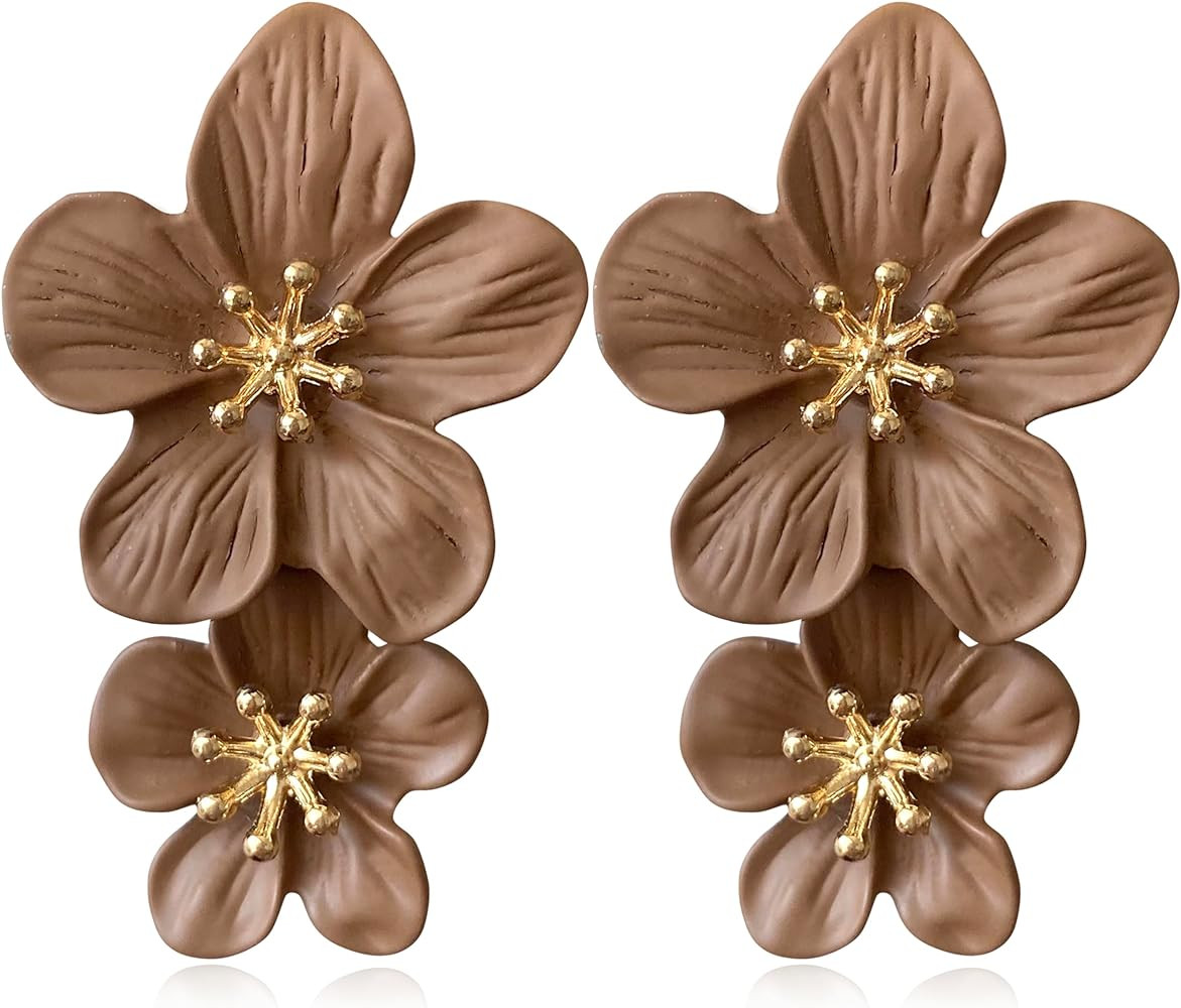 GPASTG Elegant Bohemian Large Metal Double Flower Matt Earring Chic Statement Dangle Drop Wedding... | Amazon (US)