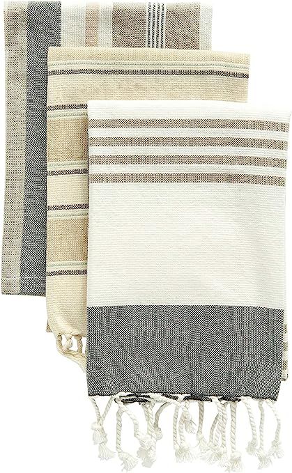 Creative Co-Op Grey & Tan Striped Cotton Tea Towels with Tassels (Set of 3) Entertaining Textiles... | Amazon (US)