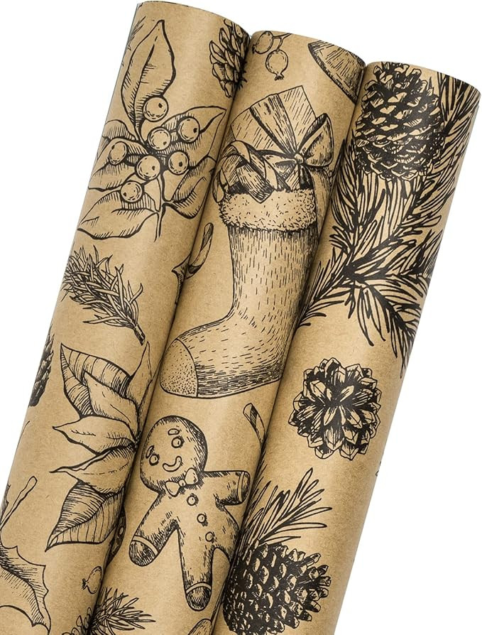 MAYPLUSS Kraft Christmas Wrapping Paper Roll - 3 Mini Roll -17in x120in Per roll,Kraft Vintage Wr... | Amazon (US)
