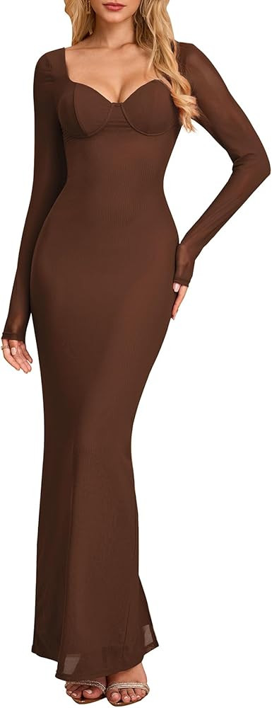 HTZMO Women Fall Long Sleeve Bodycon Maxi Dress Sexy V Neck Wedding Guest Formal Party Elegant Lo... | Amazon (US)