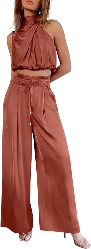 Pretty Garden Womens 2024 Summer Sleeveless Mock Neck Crop Tops Wide Leg Pants Set | Amazon (US)