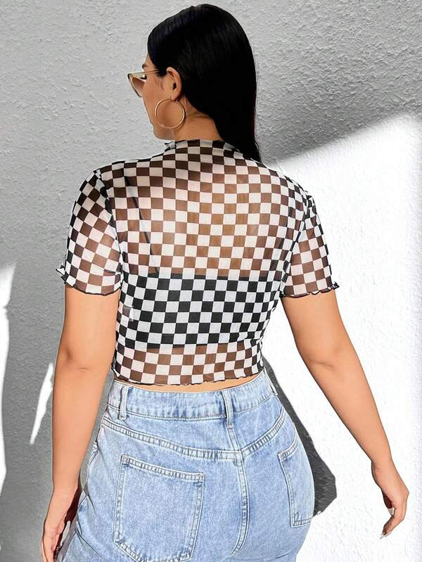 SHEIN Plus Checker Print Lettuce Trim Mesh Top Without Bra  SKU: sz2303079415979117(25 Reviews)$4... | SHEIN