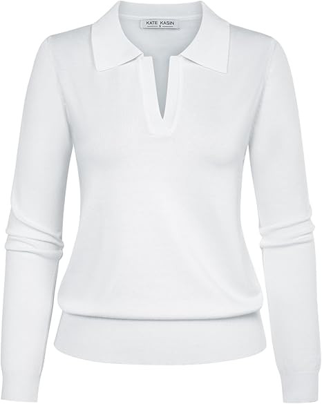 Kate Kasin Women Long Sleeve Polo Sweater V Neck Knitted Tops Casual Ribbed Shirt Loose Pullover ... | Amazon (US)
