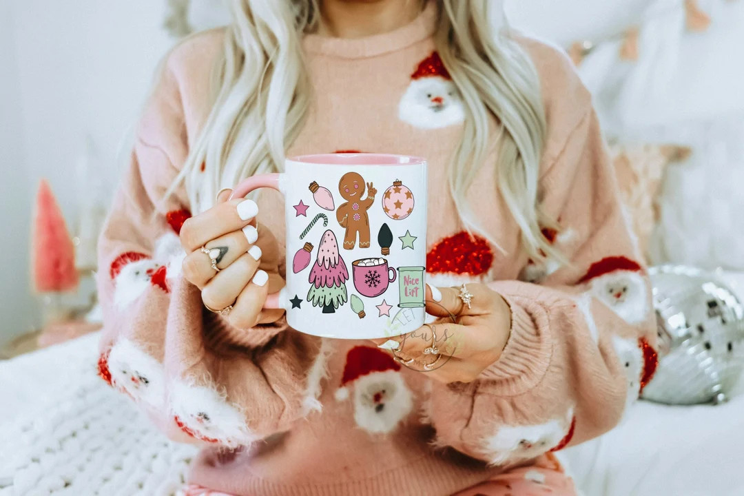Retro Gingerbread Man Pink Christmas Coffee Mug Merry and - Etsy | Etsy (US)