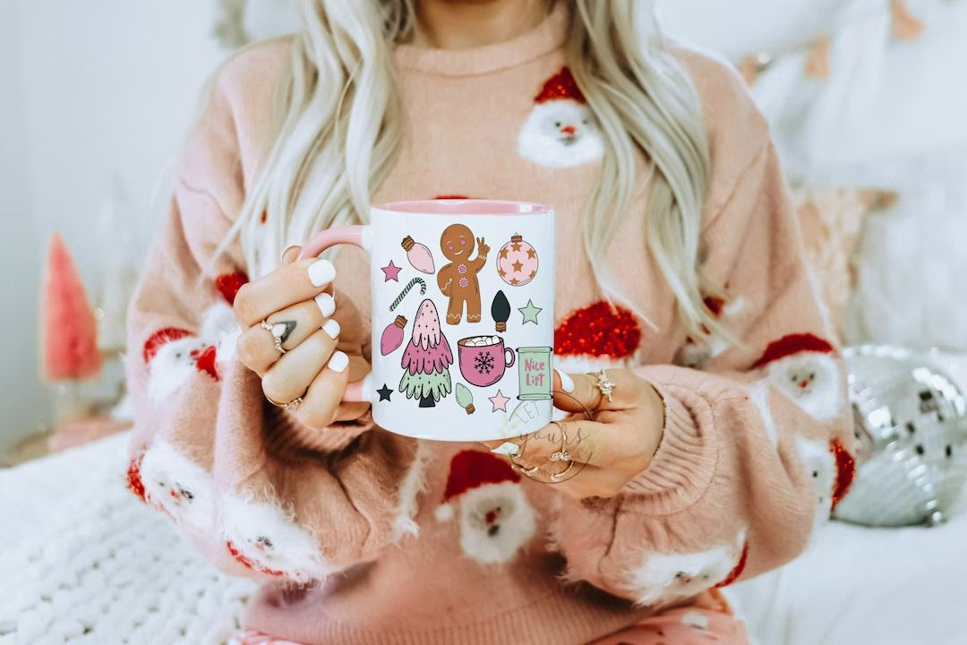 Retro Gingerbread Man Pink Christmas Coffee Mug Merry and - Etsy | Etsy (US)