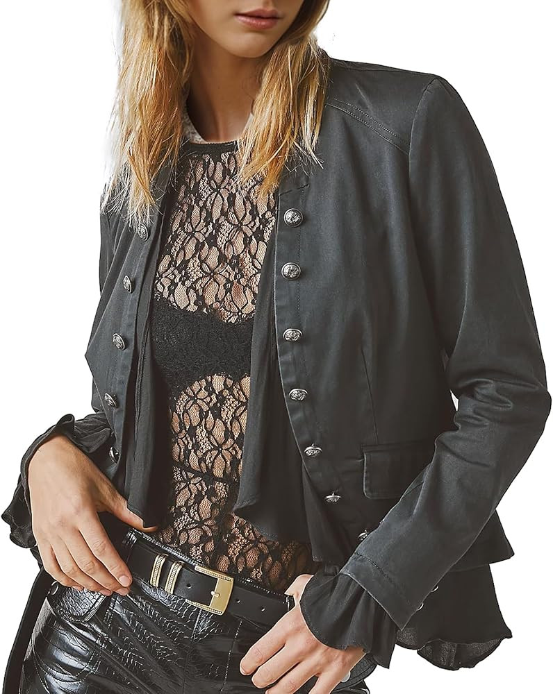Women Casual Ruffles Jacket High Low Hem Steampunk Blazers Button up Romance Open Front Cotton Ca... | Amazon (US)