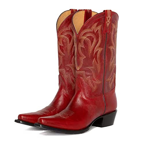 Yolkomo Red Cowboy Boots for Women Wide Claf Distressed Cowgirl Boots Low Heel Embroidered Western Boots Pointed Toe Pull-On Leather Mid-Calf High Boots Size 9.5 | Amazon (US)