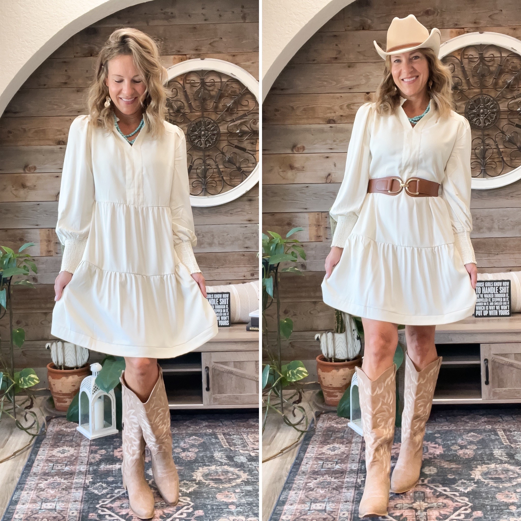 One dress, two ways. How would you wear it? Fits TTS (I am 5’8” size 6 wearing a medium) This belt is stretchy and clips in front- new favorite accessory! Boots fit TTS, I’m loving the neutral color and height which elongates the legs. Everything linked. This dress could go so many ways! #fallfit #falldress #westernlifestyle #littlehouseera #westernfit #casualdress #falloutfit #westernboots #fitonabudget

#LTKStyleTip #LTKSaleAlert #LTKOver40