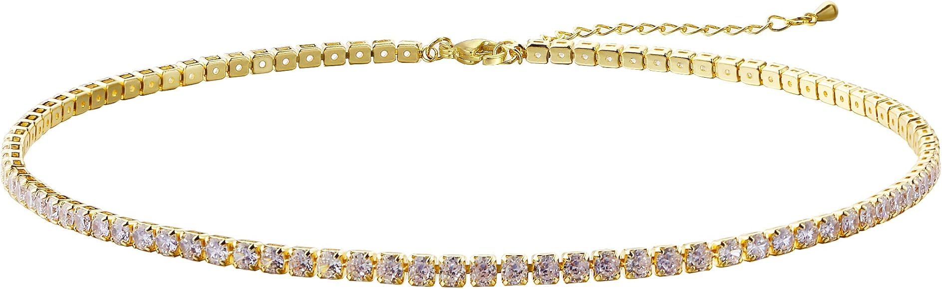 Tewiky Tennis Necklace 14K Gold Plated/Silver Sparking Rhinestone Choker Necklaces Dainty Crystal Cu | Amazon (US)