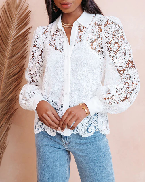 Letters To Romeo Crochet Lace Button Down Top - White | VICI