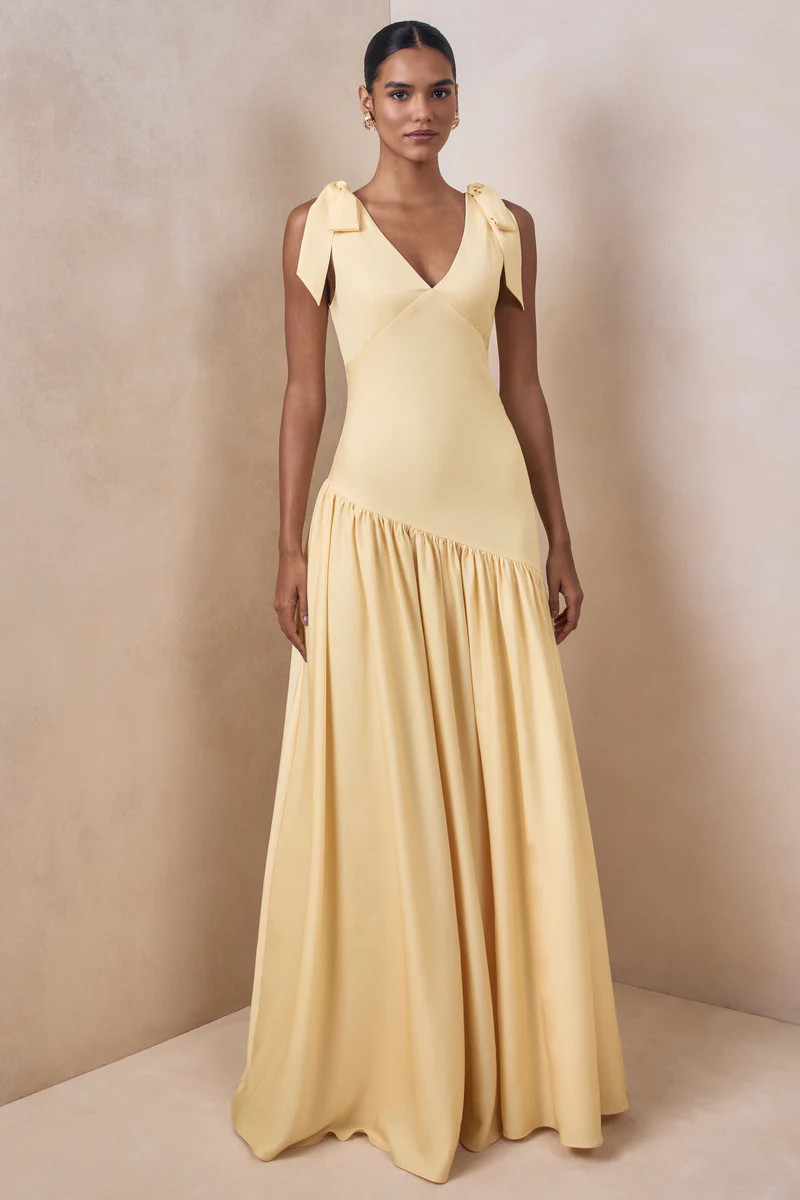 Cala | Lemon Satin Plunge-Neck Maxi Dress With Bow-Sleeves | Club L London