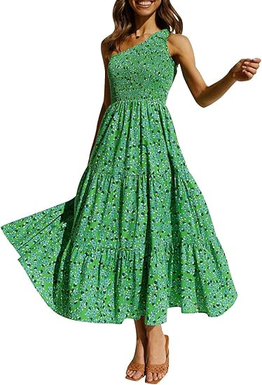 ZESICA Women's 2025 Bohemian Summer Floral Print One Shoulder Sleeveless Smocked Ruffle Tiered Be... | Amazon (US)
