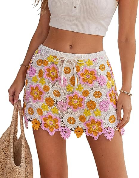 Mini Skirt for Women Floral Crochet Cute Boho Retro Summer Vacation Beach Hawaiian Skirt | Amazon (US)