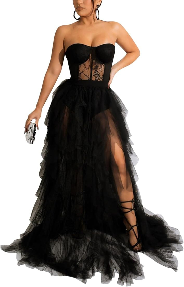 Women Sexy Tulle Dress Crochet Lace Mesh See Through Maxi Cocktail Party Dress | Amazon (US)