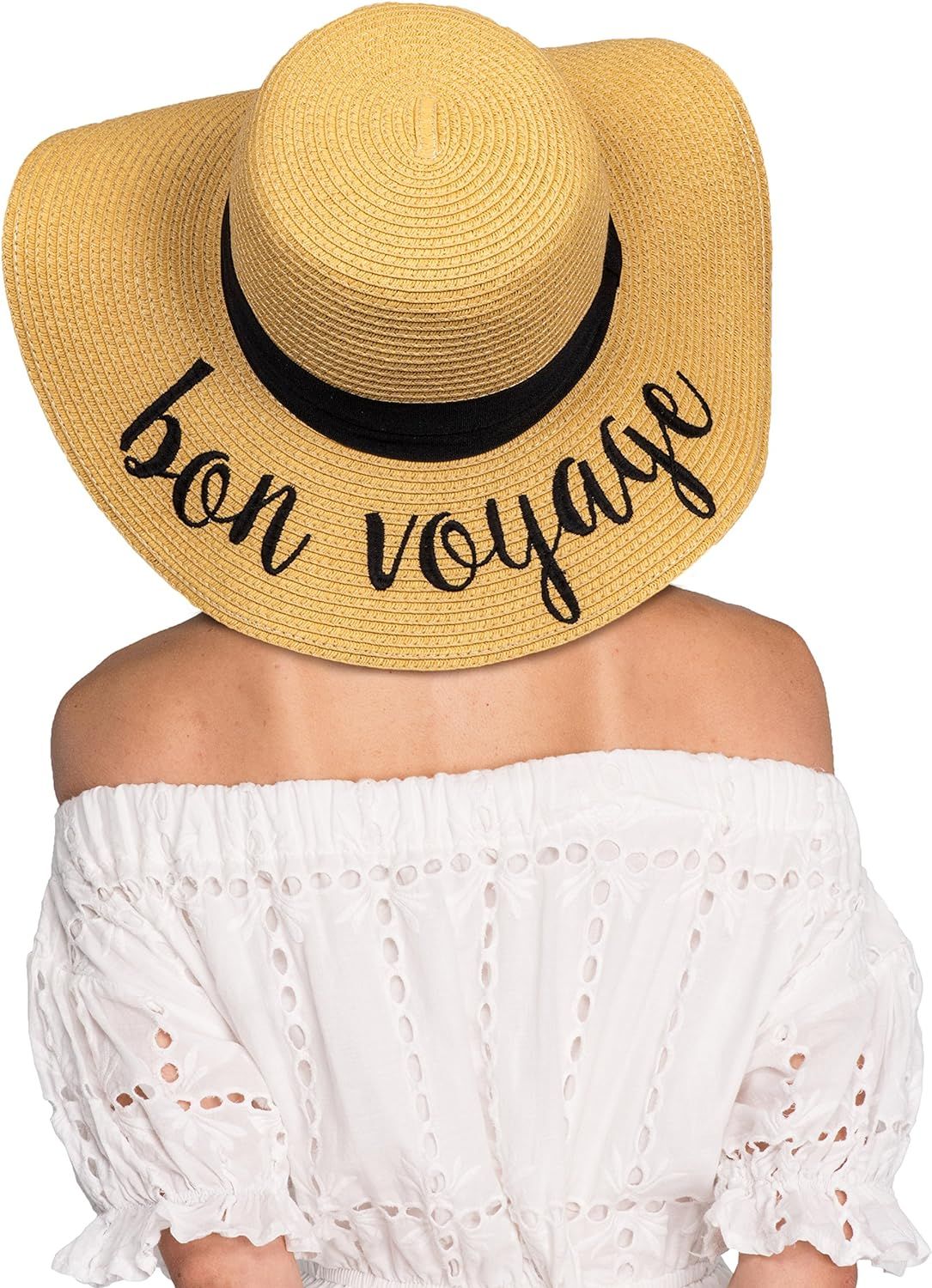 HATSANDSCARF CC Exclusives Straw Embroidered Lettering Floppy Brim Sun Hat (ST-2017) | Amazon (US)