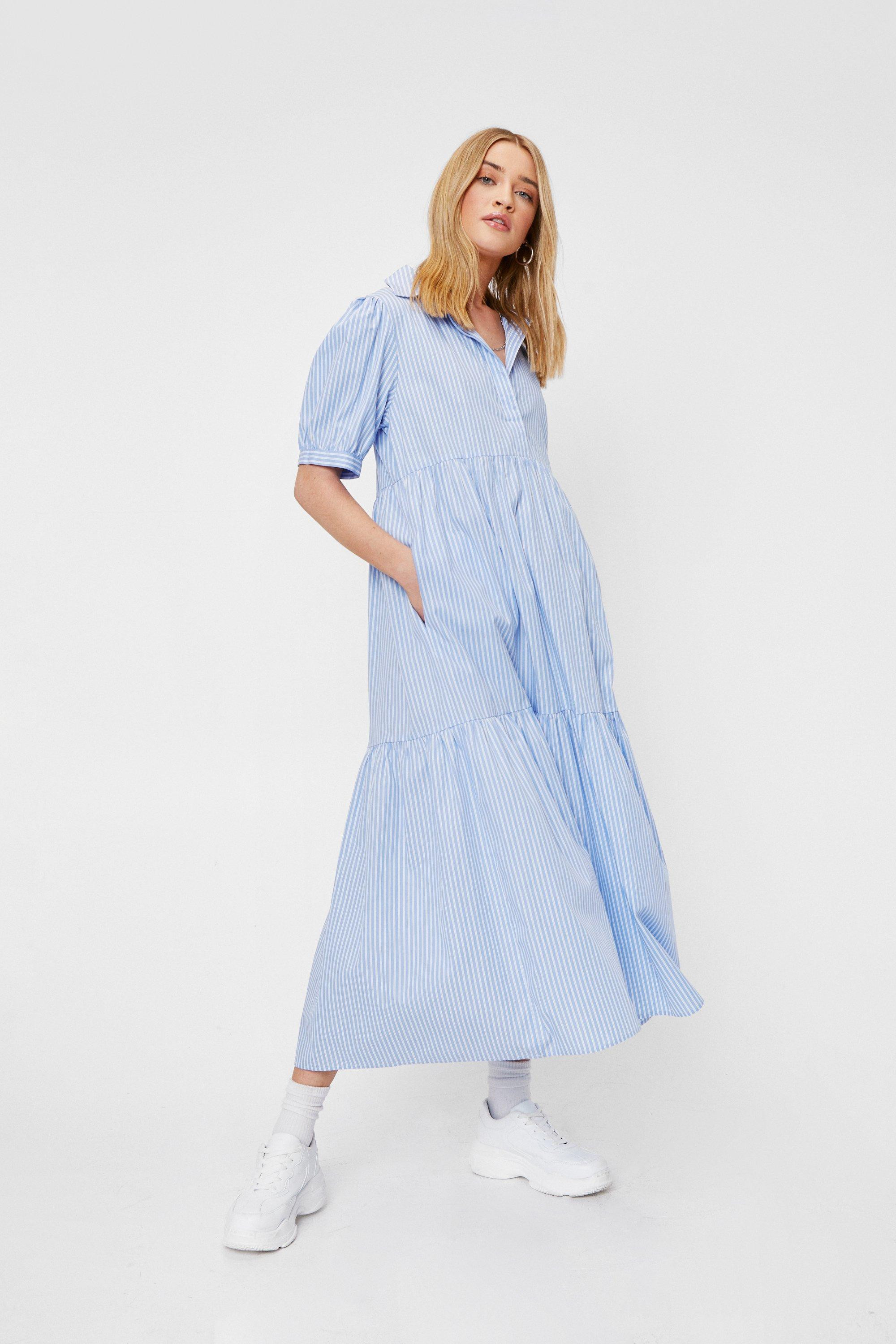 Stripe Puff Sleeve Tiered Midi Dress | NastyGal (US & CA)