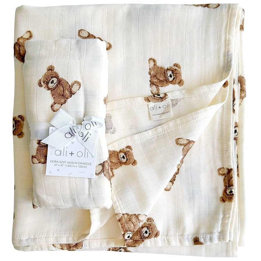 Ali+Oli Muslin Swaddle Blanket for Baby (Teddy Bear) Large 47" x 47" Soft Rayon Made from Bamboo ... | Amazon (US)