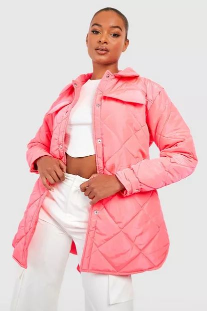 Tall Diamond Quilted Belted Shacket | Boohoo.com (US & CA)