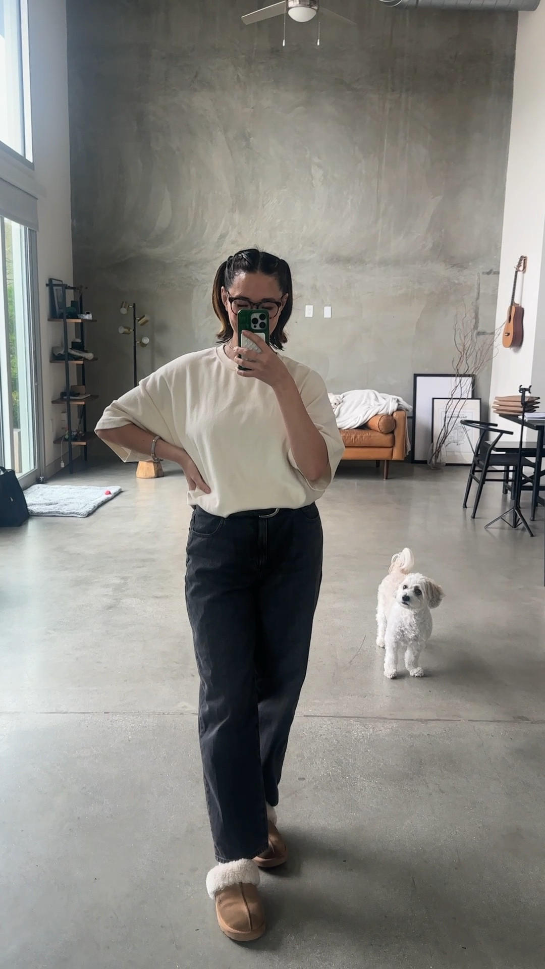 WFM attire on a rainy day. I’m normally in sweatpants but today we’re doing upscale comfort. My husband’s shirt is incredibly comfortable and even though I’m in jeans, bc they are a few sizes too big, it didn’t feel restricting - even with a belt. I think this would also make for a comfortable travel outfit - just remember to replace the house slippers 🫣

#LTKsalealert #LTKworkwear #LTKfindsunder100