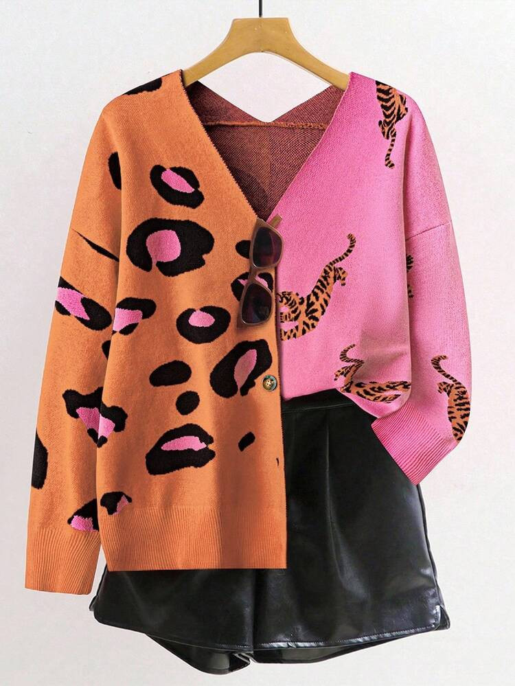 EMERY ROSE Plus Size Leopard Print V-Neck Button Down Cardigan | SHEIN
