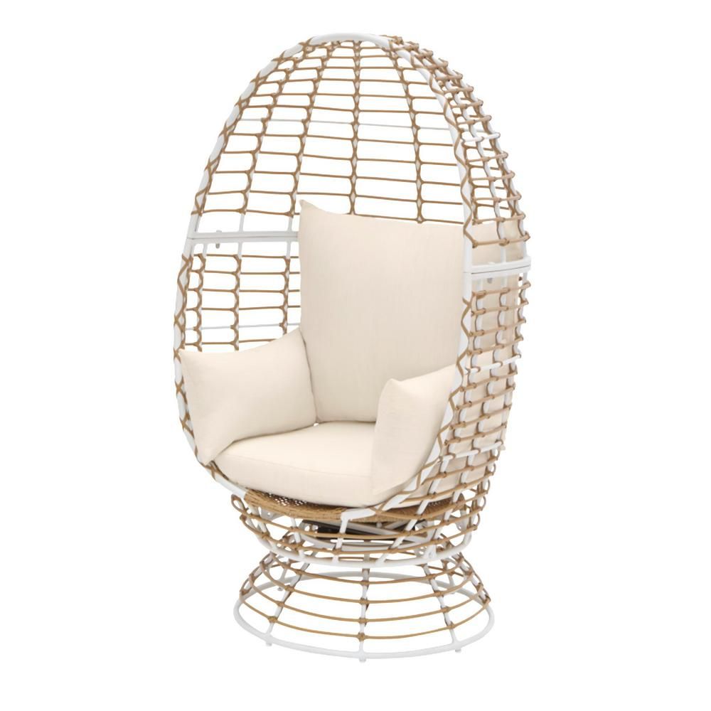 Brown Wicker Outdoor Patio Egg Lounge Chair with Beige Cushions | The Home Depot