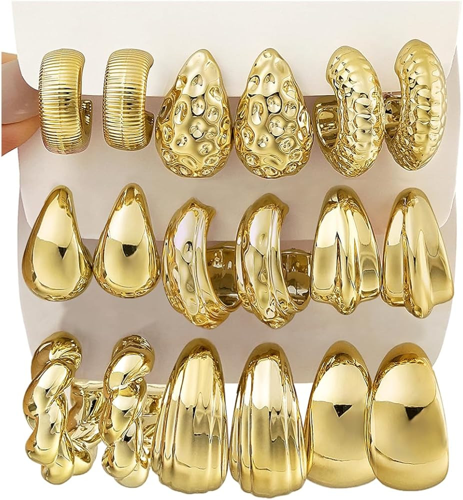 9 Pairs Gold Hoop Earrings for Women Trendy, Thick Twisted Gold Earrings Lightweight, Chunky Hoop... | Amazon (US)