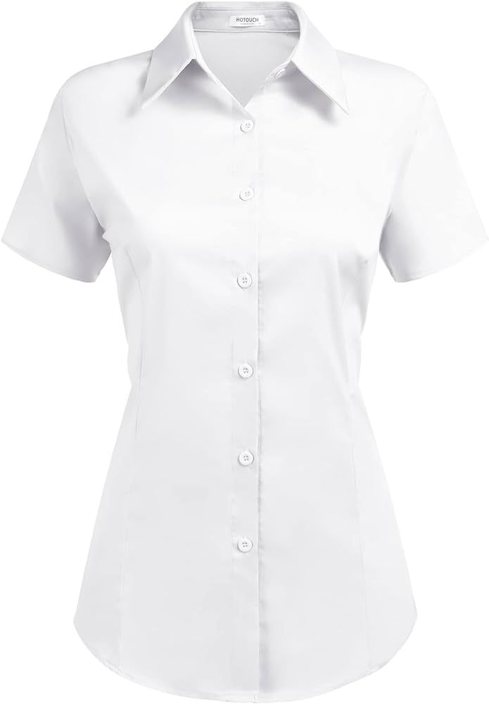 HOTOUCH Women's Basic Button Up Shirt Short Sleeve Stretchy Button Down Collared Shirts Waitress ... | Amazon (US)