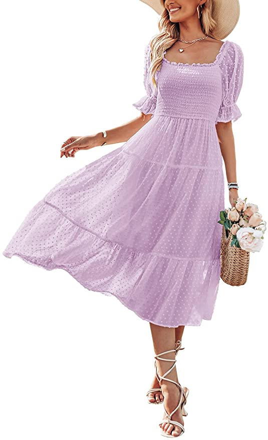 MEROKEETY Women's Summer Square Neck Puff Sleeve Boho Midi Dress Swiss Dot Ruffle Flowy Tie Back ... | Amazon (US)