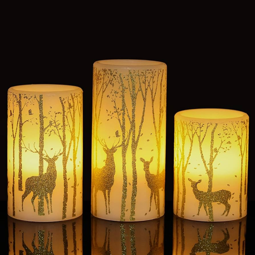 Gold Deer Flameless Candles with 6H Timer, Set of 3 Real Wax LED Flickering Candles, Christmas Pi... | Amazon (US)