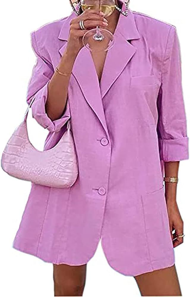 Sdencin Women Long Sleeve Y2K Oversized Lapel Button Blazer Jacket Casual Solid Shoulder Pad Collar  | Amazon (US)