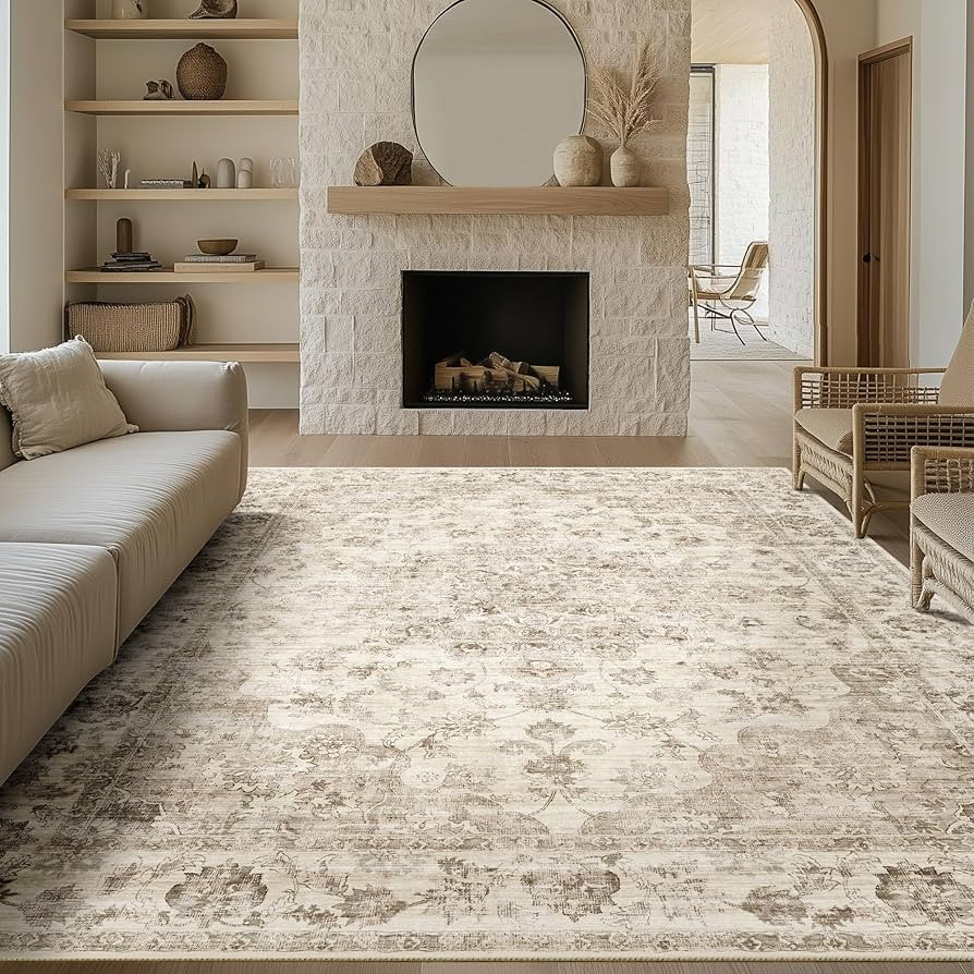 9x12 Washable Neutral Area Rug Beige Floral Living Room Bedroom Large Carpet Non-Slip Low Pile Vi... | Amazon (US)